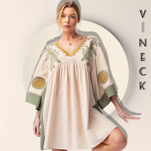 EASEL "Desert Flower" Xtra Full Comfy Linen-Look Embroidered Tunic Dress Pockets - Picture 3 of 15